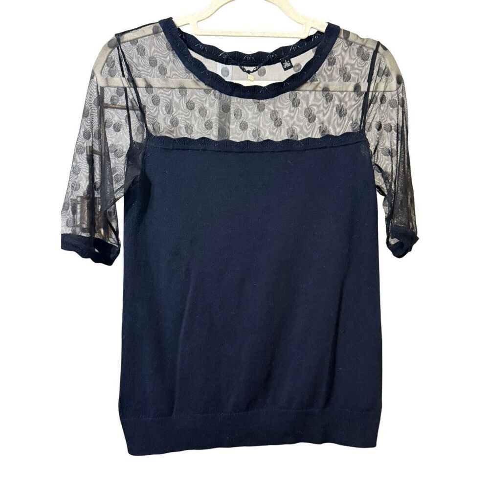 Knitted & Knotted Anthropologie Black Short Sleeve Knit Top Sheer Polka Dot Bodi